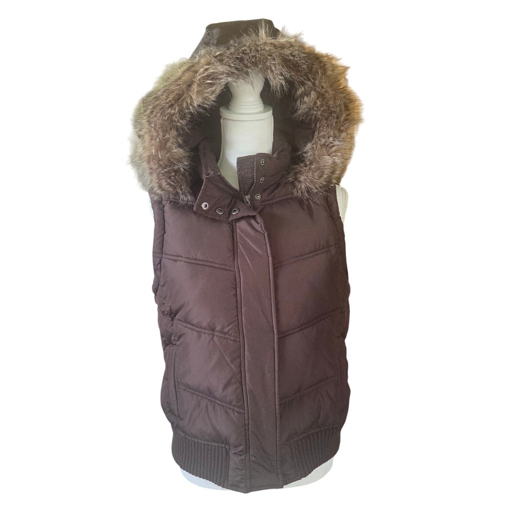 GAP Y2K Brown Faux Fur Hooded Puffer Vest Medium Chocolate Grunge Outerwear
